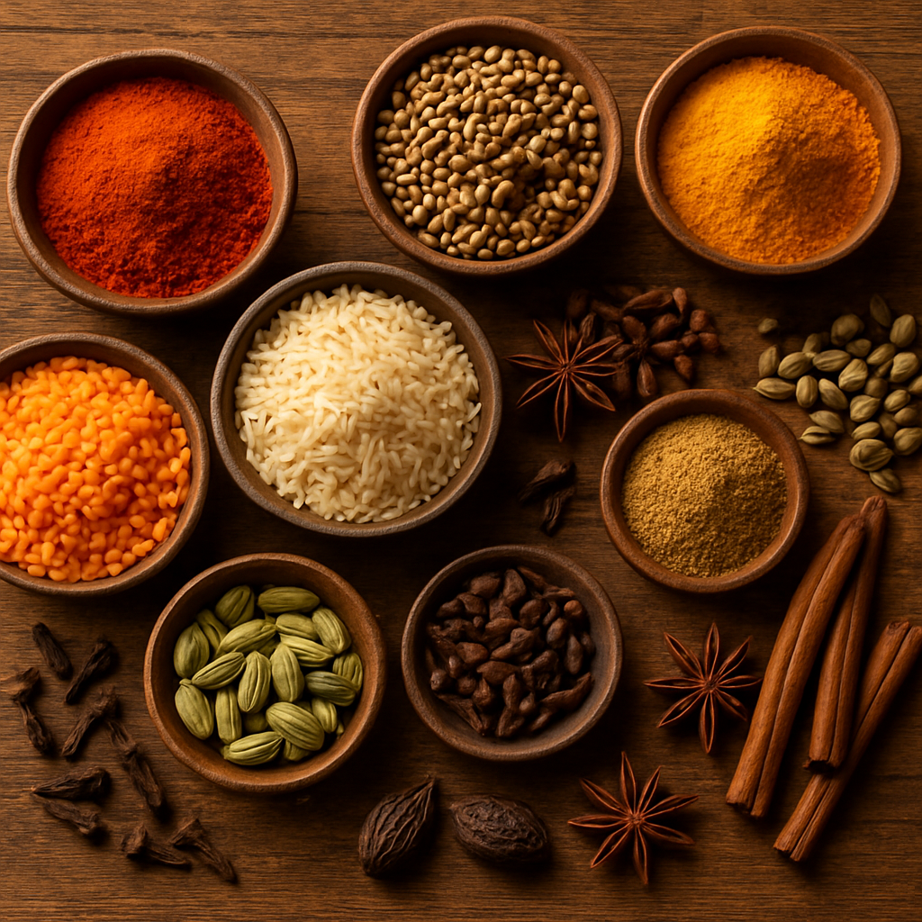 Flat-lay of vibrant South Asian spices including turmeric, cumin, coriander, cardamom and basmati rice
