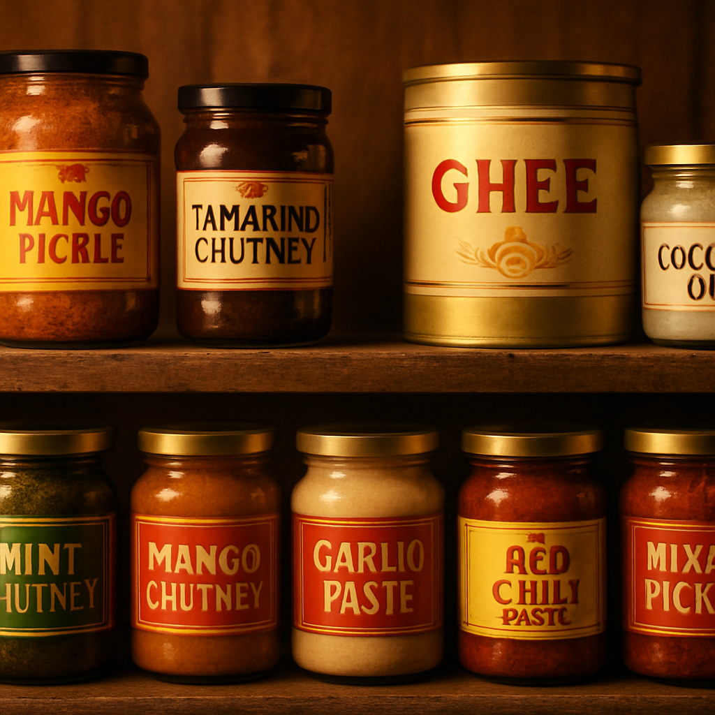 Assortment of South Asian pickles and condiments including mango pickle, tamarind chutney and ghee tins