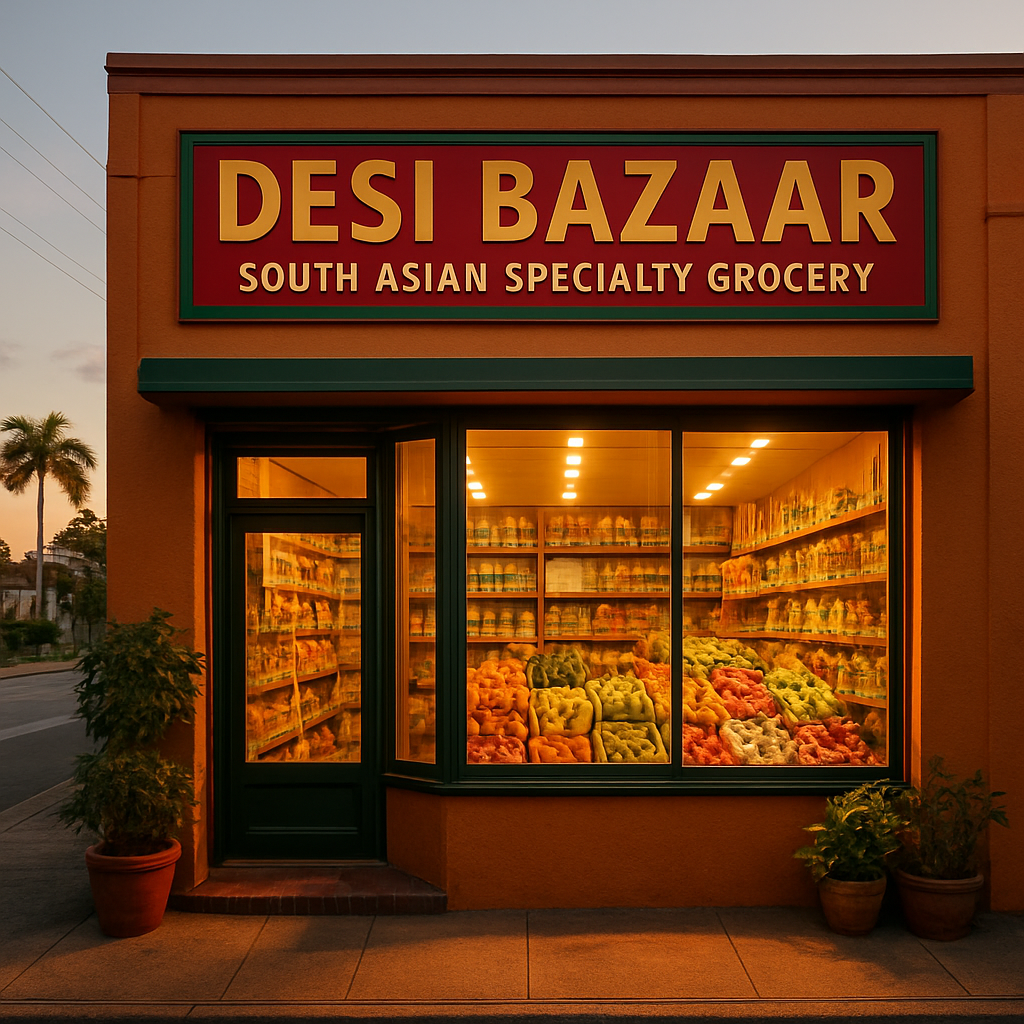 Warm exterior of the Nepalese Indo Bazaar store at golden hour with colourful signage