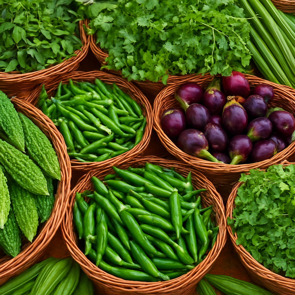 Fresh South Asian vegetables in wicker baskets including bitter melon, green chillies and curry leaves