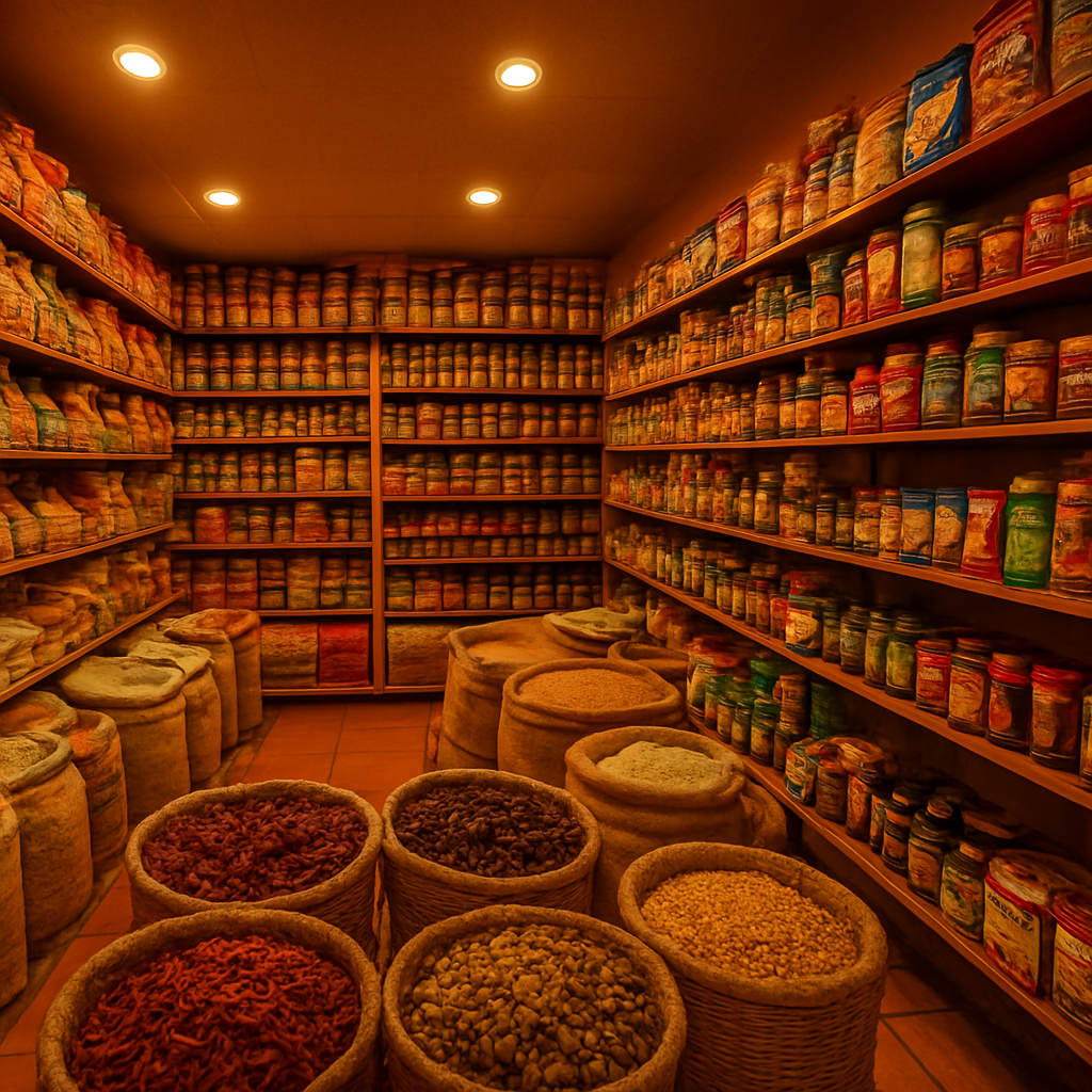 Interior of Nepalese Indo Bazaar specialty grocery store with colourful spices and imported products on shelves