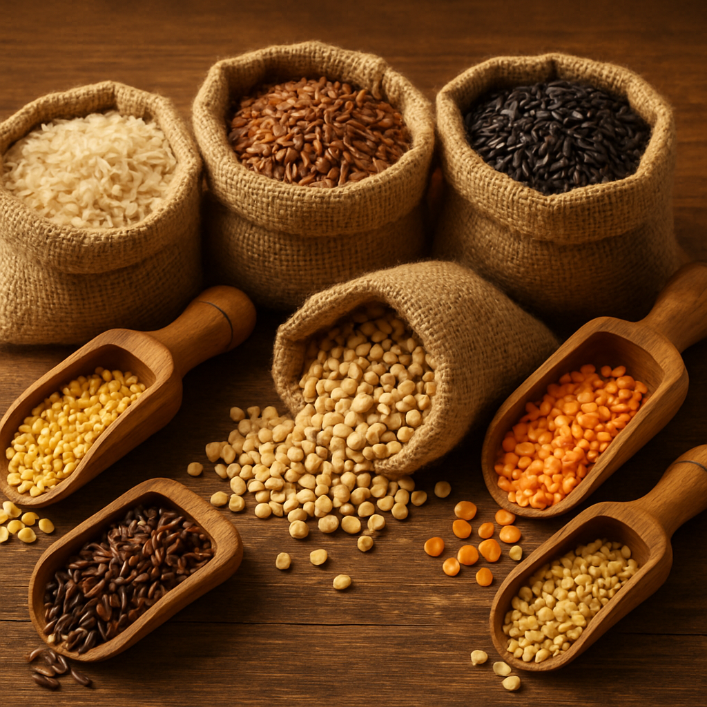 Assortment of rice and grain varieties in hessian sacks including basmati rice, red lentils and chickpeas