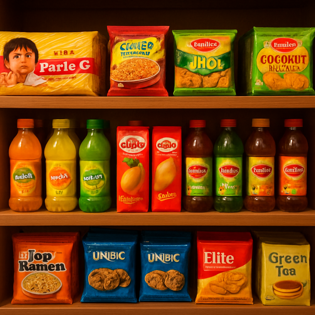 Colourful display of South Asian packaged snacks and beverages on store shelves