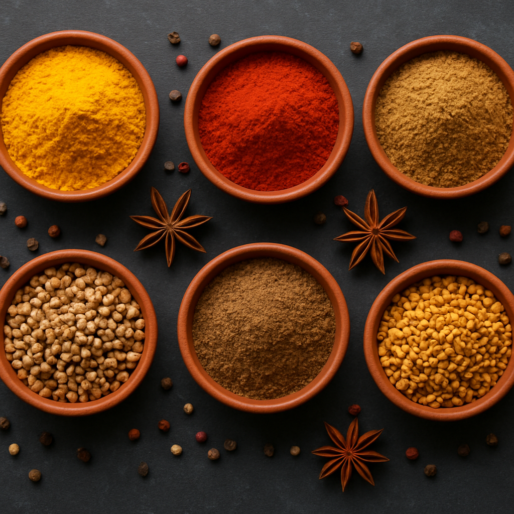 Collection of colourful ground spices in terracotta bowls including turmeric, paprika, cumin and garam masala